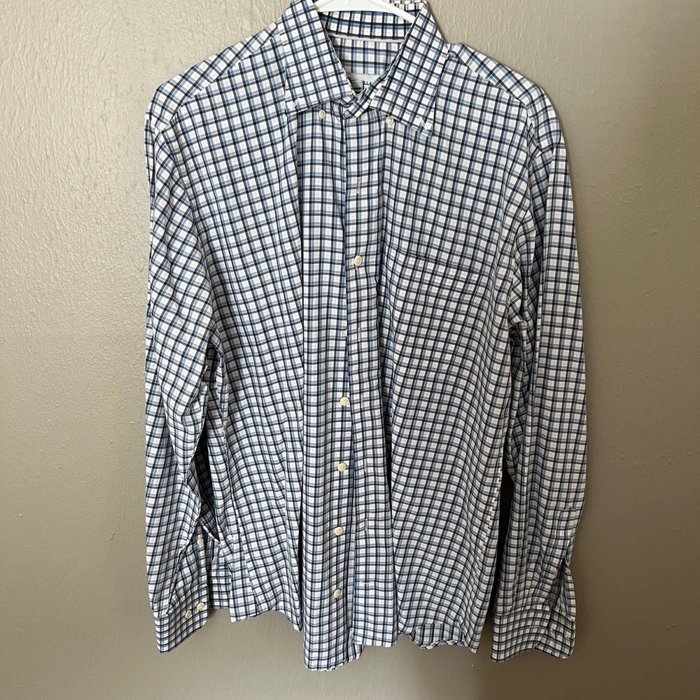 PETER MILLAR Blue and Pink Check Polo Dress Shirt Size Large Casual long sleeve